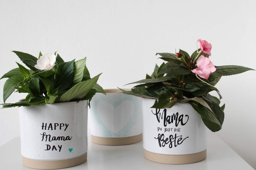DIY individuelle Blumentoepfe bemalen mit Handlettering und Kindern Muttertag Geschenkidee Sonnen-Lieschen Jules kleines Freudenhau